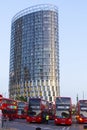 LONDON, UK - August 22, 2019 - many red english buses at Stratford international train, tube and bus station