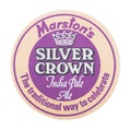 LONDON, UK - AUGUST 22, 2018: Marston`s Silver Crown India Pale Ale beer beermat coaster isolated on white background.