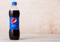 LONDON, UK - AUGUST 03, 2018: Plastic bottle of Pepsi Cola soft drink on wooden background.American multinational food and beverag Royalty Free Stock Photo