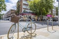 London, UK- August 6, 2023: Retro Womens Bicycle with basket parked in Chelsea in front of Pret a Manger coffee shop Royalty Free Stock Photo