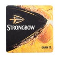 LONDON, UK - AUGUST 22, 2018: Strongbow cider beermat coaster isolated on white background.