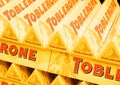 LONDON, UK - AUGUST 31, 2018: Tubes of Toblerone chocolate in grocery store with logo.