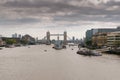 London, UK - 31 August 2016: View of HMS Belfast ship on river Thames with Tower of London Bridge in the background Royalty Free Stock Photo