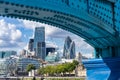 View of modern architecture in the City from underneath Tower Bridge in London on August 22, 2014. Royalty Free Stock Photo