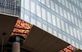 London, UK: 22 Bishopsgate showing architectural detail of the colorful canopy