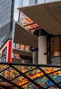 London, UK: 22 Bishopsgate showing architectural detail of the colorful canopy