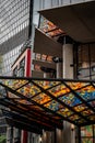 London, UK: 22 Bishopsgate showing architectural detail of the colorful canopy