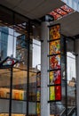 London, UK: 22 Bishopsgate showing architectural detail of the colorful decoration at the front of the building