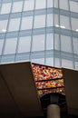 London, UK: 22 Bishopsgate showing architectural detail of the colorful canopy