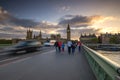 London, UK - circa May 2014: Sunset at The Big Ben and the Parliament House, London, United Kingdom Royalty Free Stock Photo