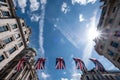 Close up of buildings on Regent Street London with row of British flags to celebrate the wedding of Prince Harry to Meghan Markle Royalty Free Stock Photo