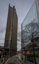 London, UK: Cromwell Tower on Silk Street, part of the Barbican Estate in the City of London