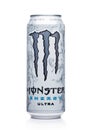 LONDON, UK - DECEMBER 15, 2017: A can of Monster Energy Drink ultra on white. Introduced in 2002 Monster now has over 30 different
