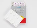 London / UK - December 29th 2019 - Packet of Ibuprofen painkillers and blister packs, 200mg from Aspar from above on a white