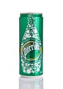 LONDON, UK - DECEMBER 06, 2016: Tin of Perrier sparkling mineral water. Perrier is a French brand of natural bottled mineral water Royalty Free Stock Photo