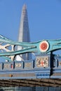 LONDON, UK: Detail of the architecture of the Tower Bridge with the Shard in the background