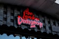 The London Dungeon sign at the entry of the building, scary and creepy tourist attraction in London