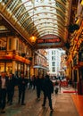 London, UK/Europe; 23/12/2019: Leadenhall Market, a covered market in the City of London financial district. People walking and Royalty Free Stock Photo