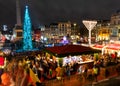 London, UK/Europe; 20/12/2019: Night view of Christmas market, Christmas tree and menorah in Trafalgar Square in London. Long