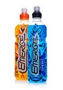 LONDON, UK - FEBRUARY 14, 2018: Bottles of emerge isotonic sport energy soda drink on white. Royalty Free Stock Photo