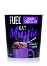 LONDON, UK - FEBRUARY 12, 2020: Cup of Fuel oat muffin porridge with double chocolate on white background. Ready in 45 seconds Royalty Free Stock Photo