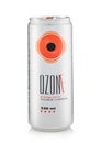 LONDON,UK - FEBRUARY 28,2022: Ozone energy drink with taurine and caffeine on white background