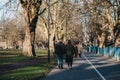 People walking in Haggerston Park in Hackney, East London, UK