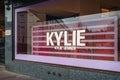 Kylie Cosmetics sign in the window of Harrods department store in Knightsbridge, London, UK