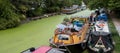 Grand Union Canal at Little Venice, Paddington, London. The water is covered in green algae after the summer heatwave, 2018 Royalty Free Stock Photo