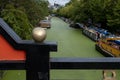 Grand Union Canal at Little Venice, Paddington, London. The water is covered in green algae after the summer heatwave, 2018 Royalty Free Stock Photo