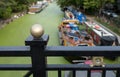 Grand Union Canal at Little Venice, Paddington, London. The water is covered in green algae after the summer heatwave, 2018 Royalty Free Stock Photo