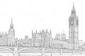 London, UK - The Houses Of Parliament, Palace Of Westminster, Houses Of Commons And Westminster Bridge. Big Ben Tower With Clock.