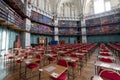 Interior of the Octagon Library at Queen Mary, University of London in Mile End, East London, with colourful leather bound books