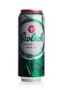 LONDON, UK - JANUARY 02, 2018: Aluminium can of Grolsch Premium Lager beer on white