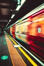 London UK January 2021 London Tube underground metro approaching the station platform, blurred in motion with long exposure. Royalty Free Stock Photo