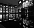 Monochrome photo of theJohn Madejski Garden at the Victoria and Albert Museum, photographed at night with reflection in the water.