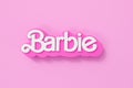 LONDON, UK - July 2023: Barbie doll logo. Barbie is a fashion doll made by Mattel. 3D Rendering