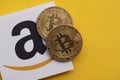 LONDON, UK - July 2021: Bitcoin cryptocurrency on an amazom e-commerce logo