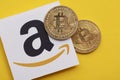 LONDON, UK - July 2021: Bitcoin cryptocurrency on an amazom e-commerce logo