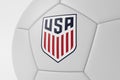 LONDON, UK - July 2023: Close up of USA national football team logo on a soccer ball. 3D Rendering