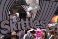 Float with people on board and decorated with balloons, on Regent Street during the Gay Pride Parade 2018 in London.