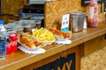 Hot dogs and chips on display at Camden Market