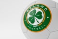 LONDON, UK - July 2023: Ireland national football team logo badge on a soccer ball. 3D Rendering