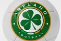 LONDON, UK - July 2023: Ireland national football team logo badge on a soccer ball. 3D Rendering