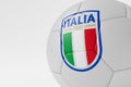 LONDON, UK - July 2023: Italy national football team logo badge on a soccer ball. 3D Rendering