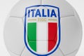 LONDON, UK - July 2023: Italy national football team logo badge on a soccer ball. 3D Rendering