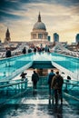 The Millennium Bridge and St Paul Cathedral in London at sunset