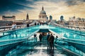 The Millennium Bridge and St Paul Cathedral in London at sunset