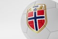 LONDON, UK - July 2023: Norway national football team logo badge on a soccer ball. 3D Rendering
