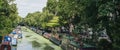 Panoramic view of the houseboats moored on both sides of Regents Canal in Little Venice, London, UK